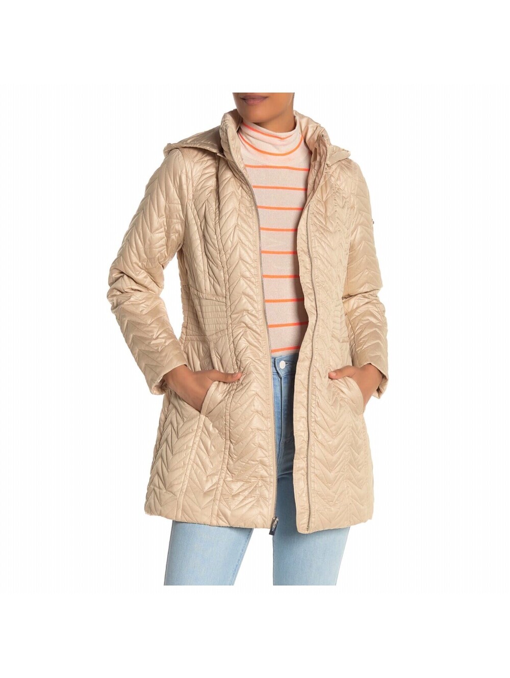 NEW Via Spiga Stone Zigzag Quilted Detachable Hood Jacket Small